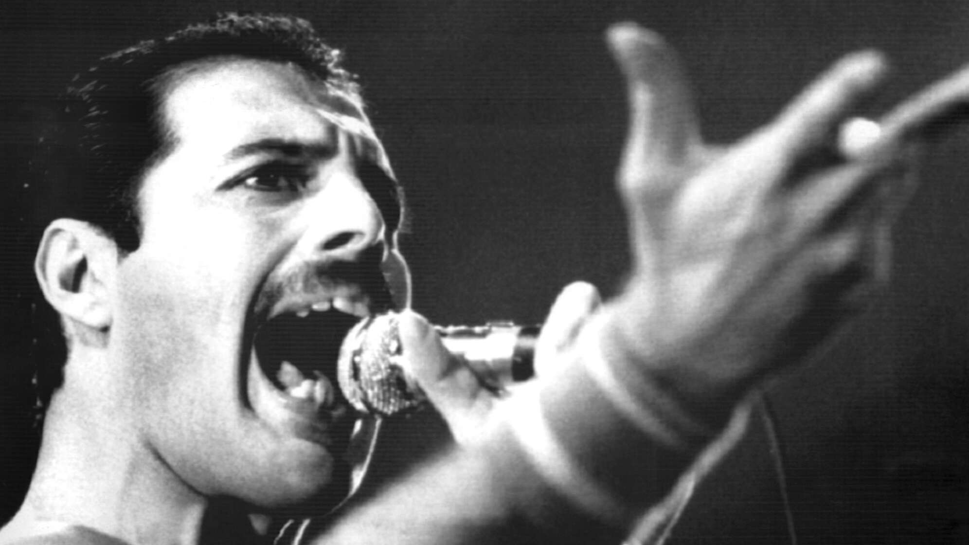 Queen-Sänger Freddie Mercury mit Mikrofon singt